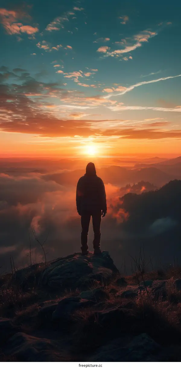 Man standing alone on a mountaintop overlooking a beautiful sunset