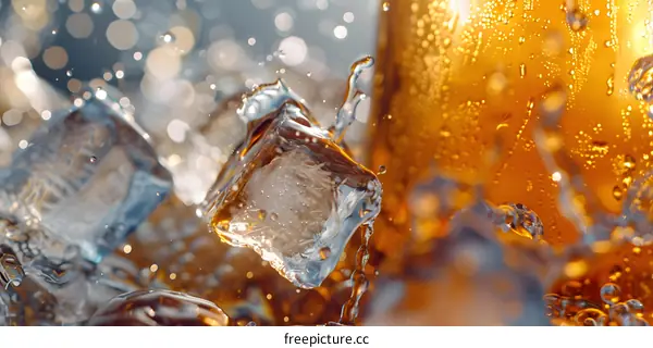 Closeup of Ice Cubes Dropping into a Glass of Brown Liquid
