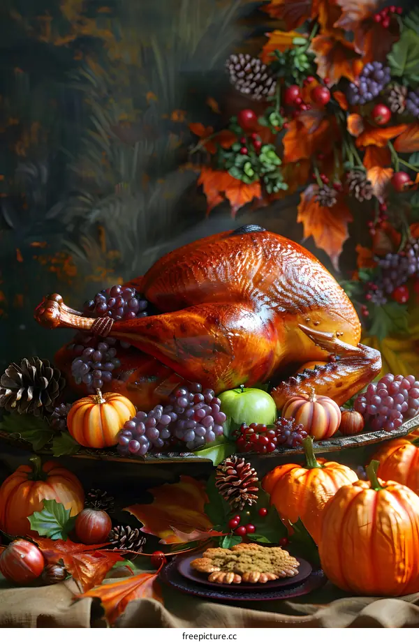 Thanksgiving dinner with roasted turkey, pumpkins, and grapes