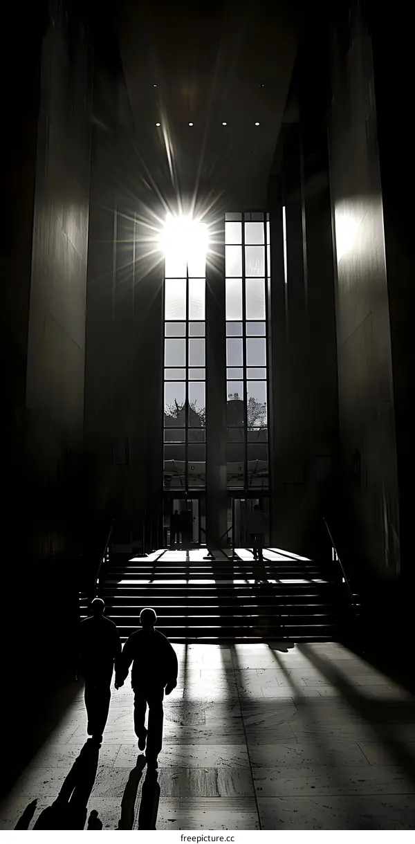 Silhouettes of Two People Walking Towards the Light in an Architectural Building
