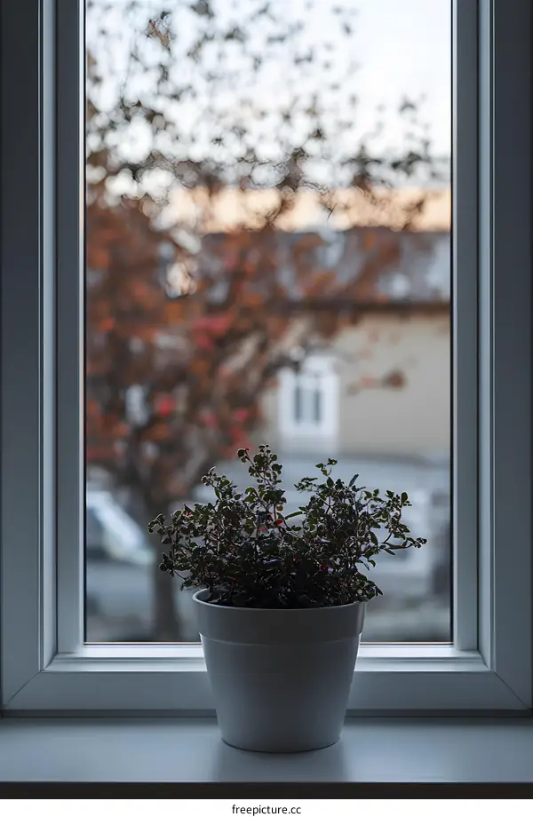 Potted Plant on Windowsill With Blurry Autumn Trees View
