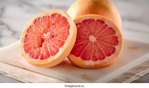 Freshly Cut Pink Grapefruit on White Cutting Board