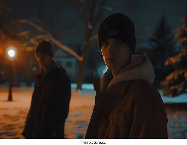Two Young Men Standing in the Snow at Night