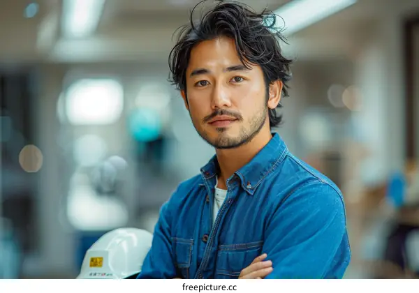 Portrait of a young Asian man wearing a blue denim shirt