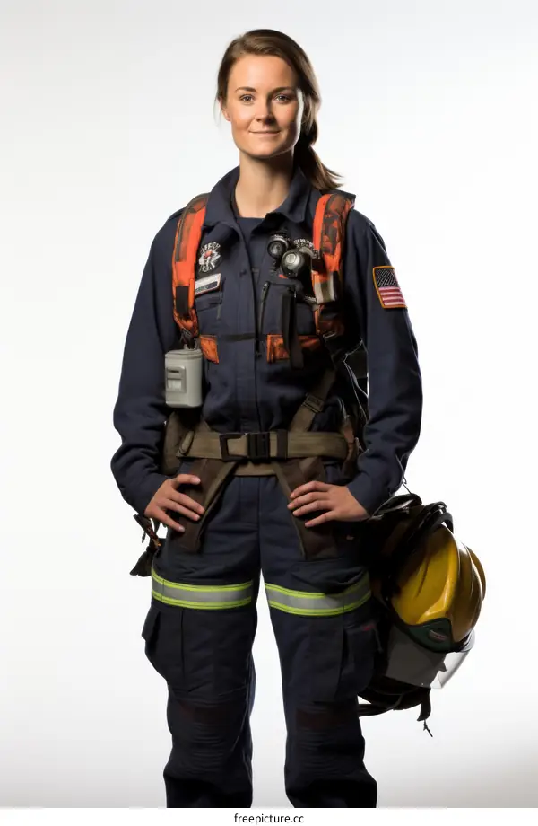 Portrait of a young female firefighter in protective gear