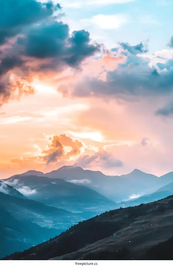 Mountain Range Landscape with Stunning Sunset and Clouds