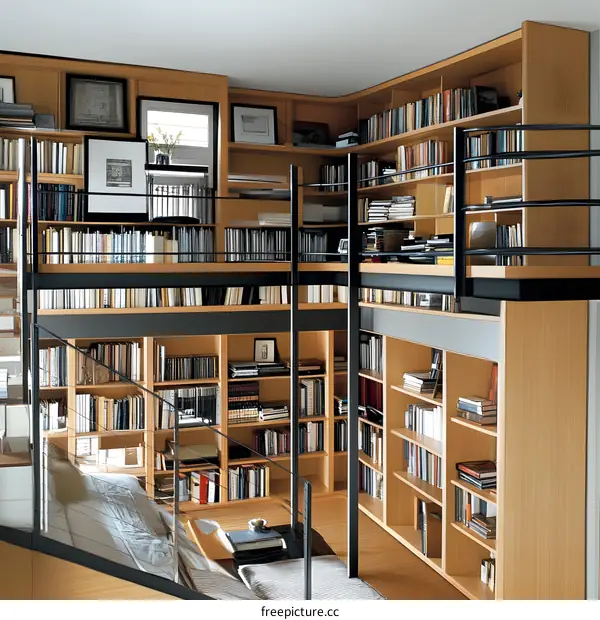 Modern Wooden Bookshelves in a Home Library