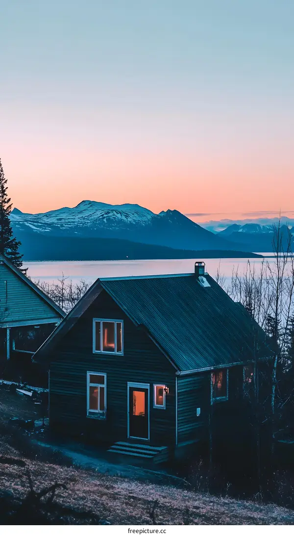 Cabin in the Mountains at Sunset
