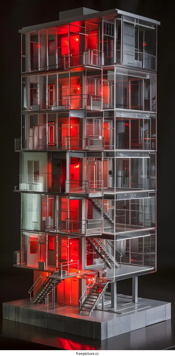 Glass Building Model with Red Lights