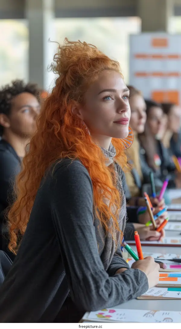 redhead woman in gray shirt holding markers
