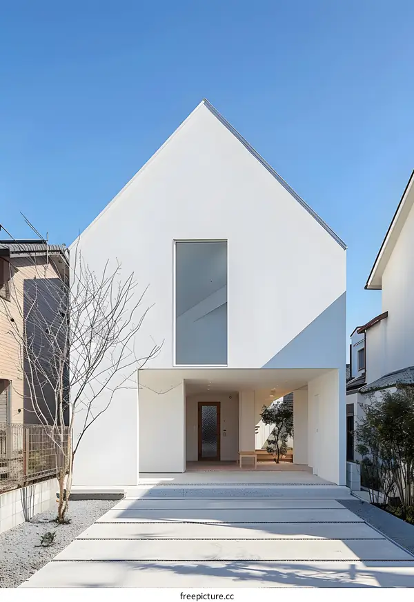 Minimalist Modern White House with a Large Window and Gravel Patio