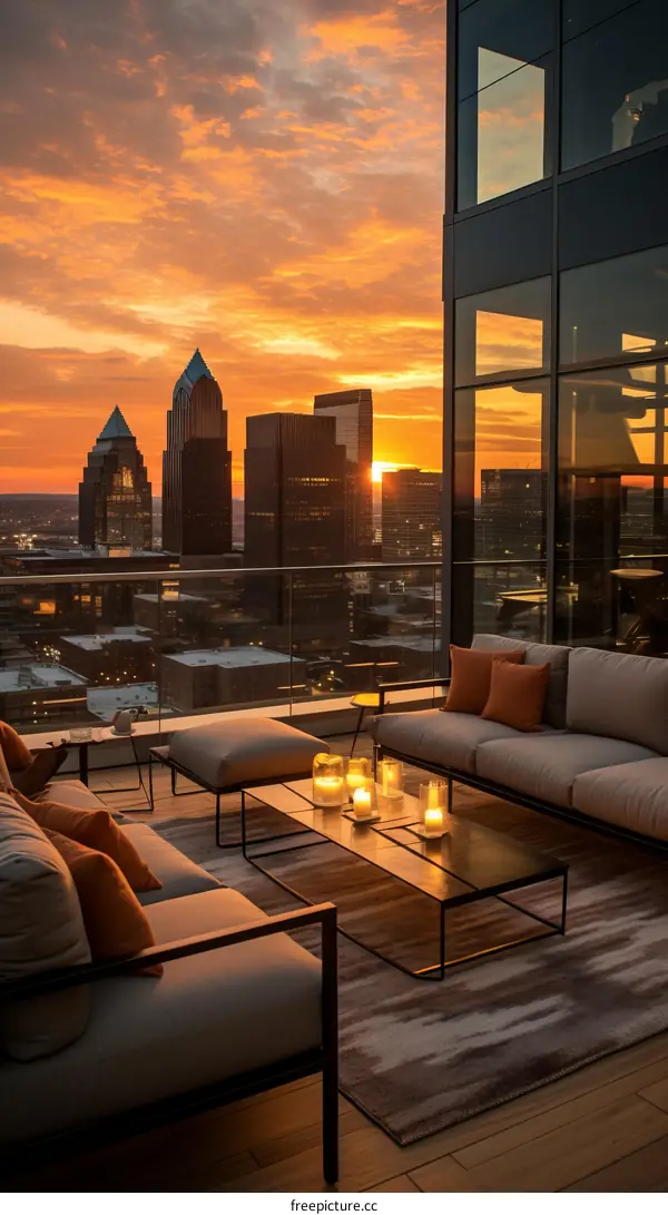 Modern luxury rooftop terrace with stunning city skyline views