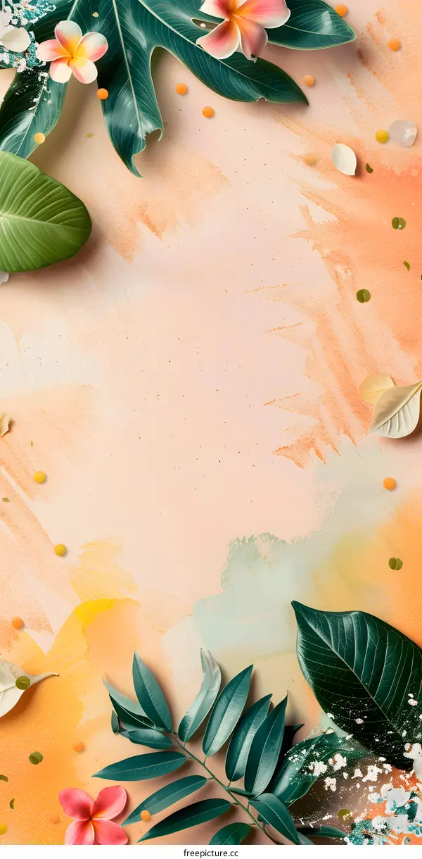 Tropical Leaves and Flowers on Abstract Background