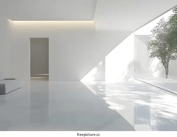White Minimalist Interior Design With Large Window and Sunlight