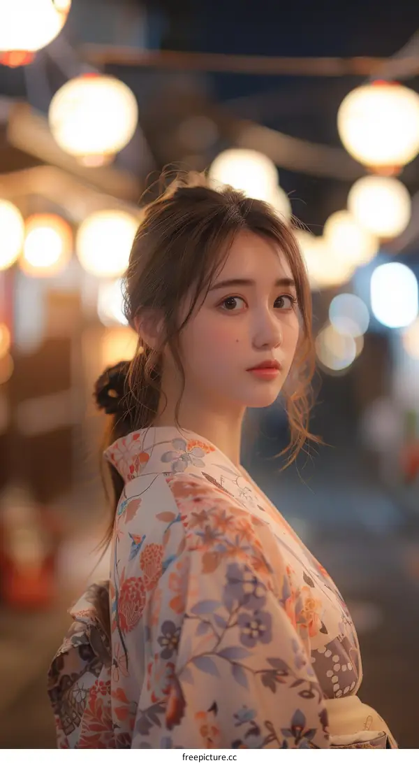 Asian Woman in Kimono at Night Market
