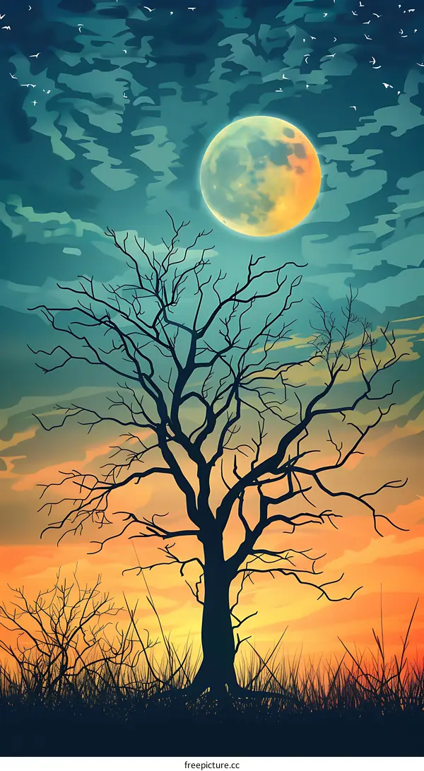 Silhouette of a Tree Under a Full Moon
