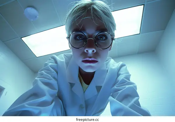 A young female scientist wearing glasses looks down at the camera with a serious expression