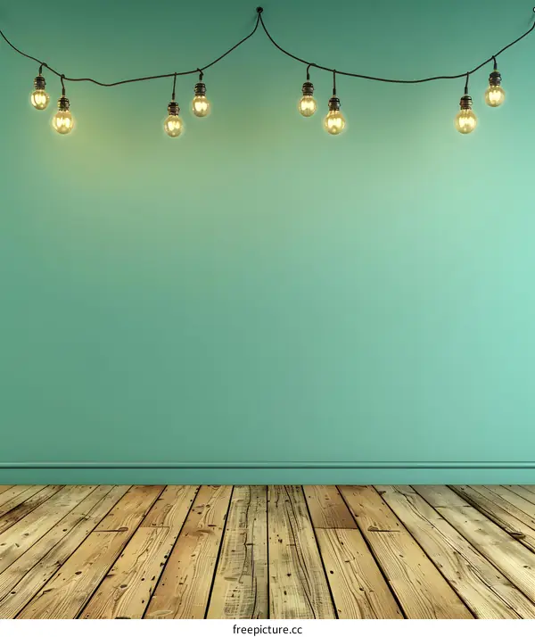 Green Wall and Wooden Floor With String Lights