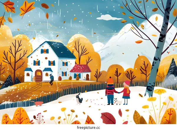 Winter Landscape Illustration with Children and a House