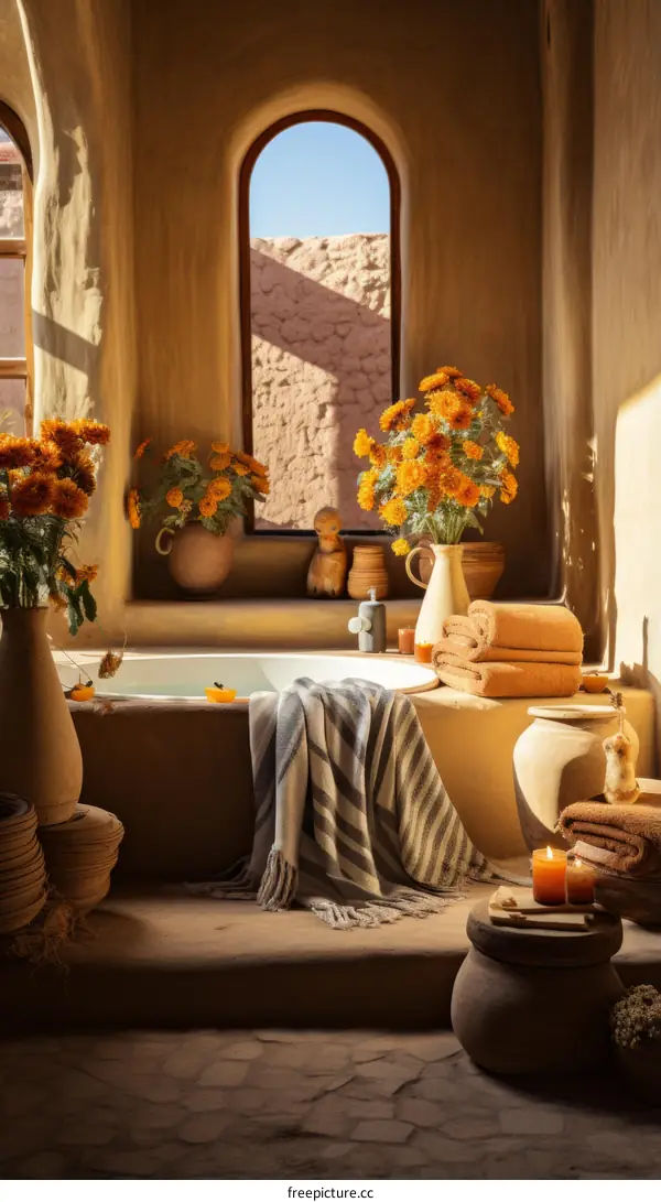 Bathroom with a large bathtub, flowers, and a view of the desert