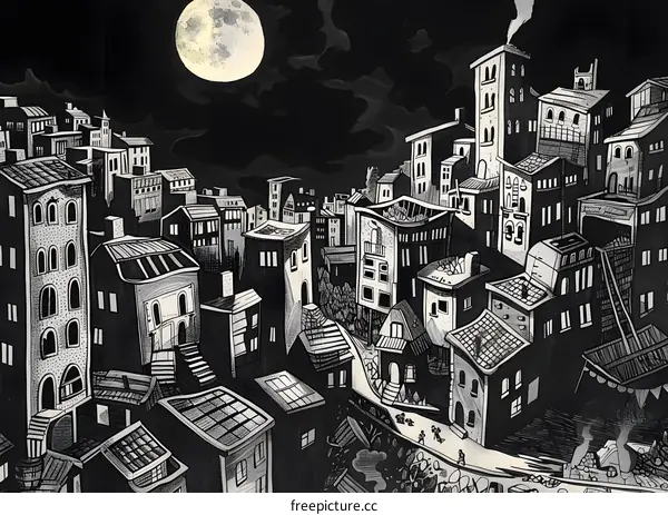Nighttime Cityscape Illustration with Full Moon and Small People Walking