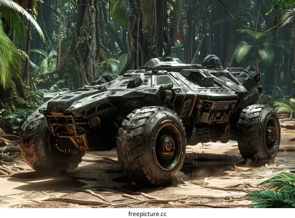 A military vehicle drives through the jungle