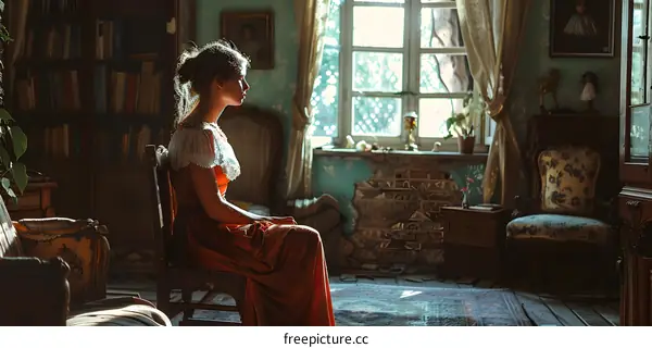 portrait of a girl in a vintage dress sitting in a chair in a room with a window