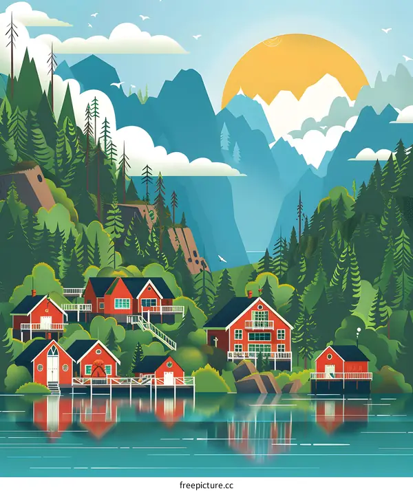 Red Houses by the Lake with Mountain View