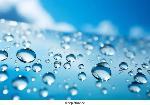 Close-up of water droplets on a blue surface with a cloudy sky in the background