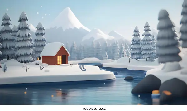 Snowy Cabin in the Winter Forest Landscape