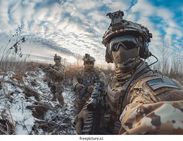 Three soldiers in the middle of a snowy field during the day holding guns