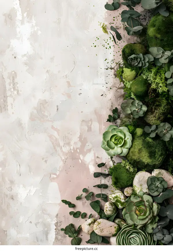Green Succulents and Moss on a Textured Background