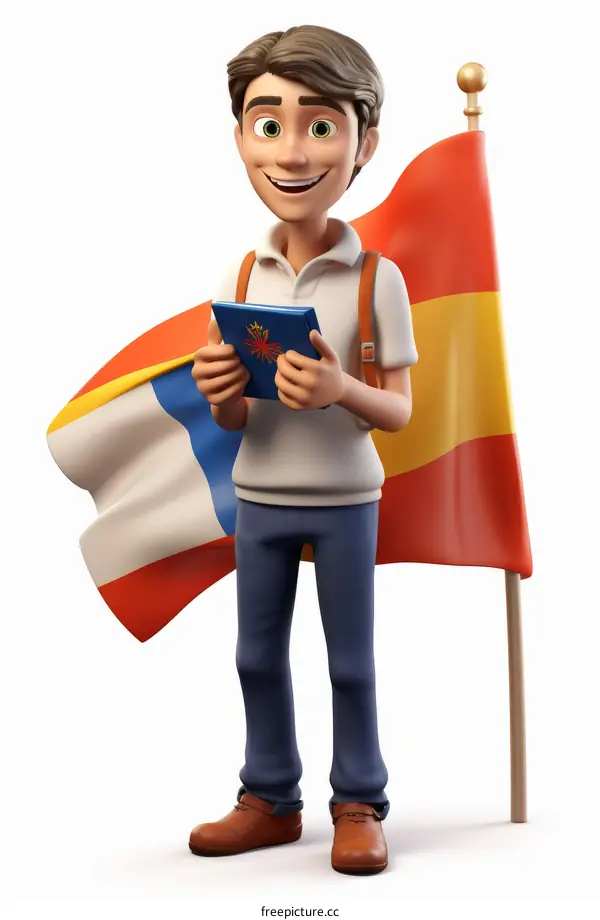 3D rendering of a young male student holding a book in front of a Spanish flag