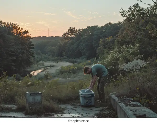 Man washing clothes in a plastic tub outdoors