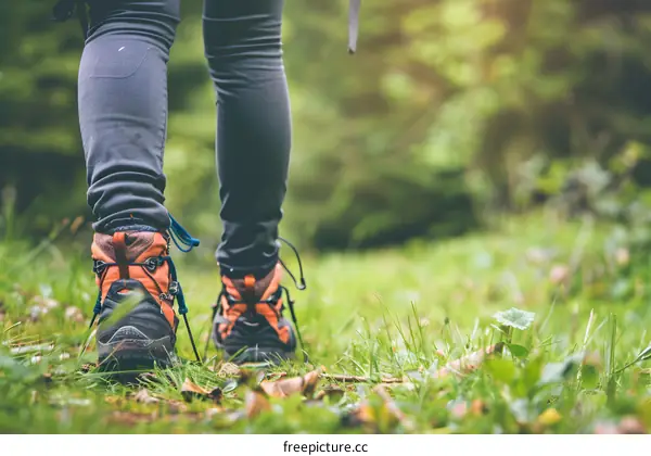 Hiking Boots on a Green Grass Trail in the Forest