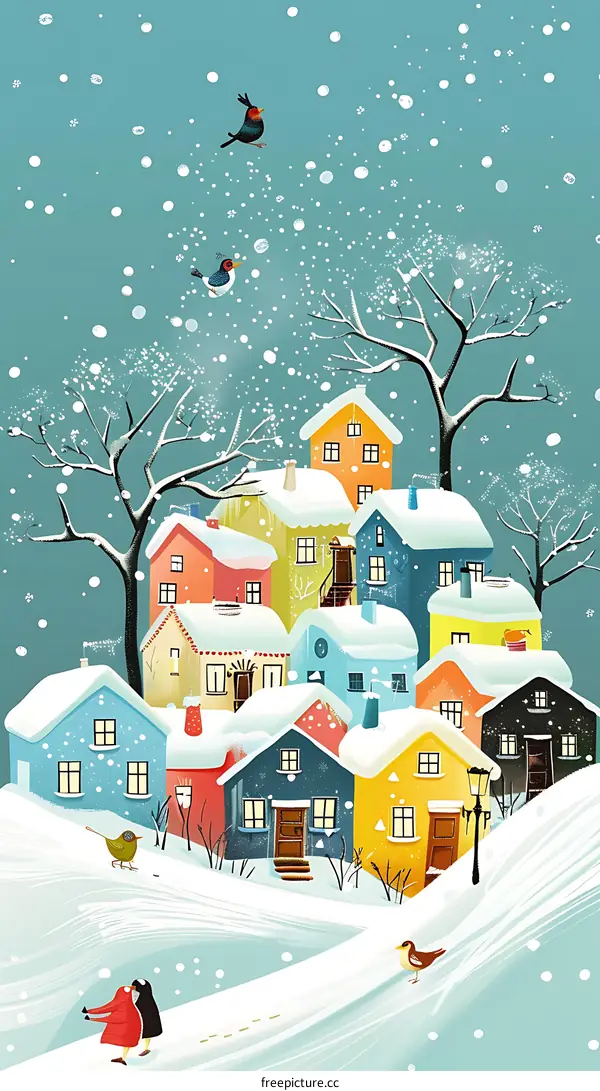 Snowy Winter Village with Birds and Couple