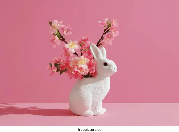 White Rabbit Vase with Pink Flowers on a Pink Background