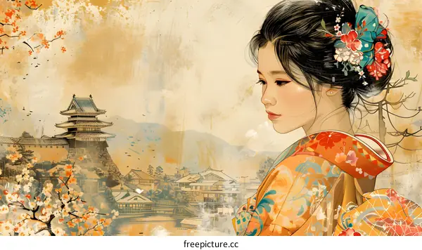 A beautiful Japanese woman in a kimono stands in front of a traditional Japanese castle.
