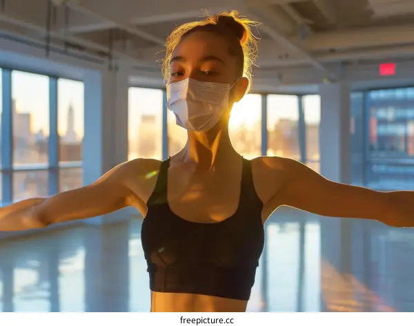 Young female dancer wearing a mask in a dance studio