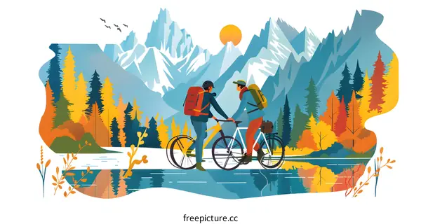 Two Cyclists Enjoying Mountain View in Autumn