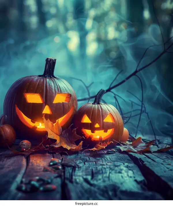 Two Jack-o'-lanterns with a spooky background