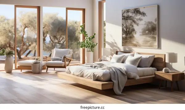 Modern bedroom interior design with large windows and a comfortable bed