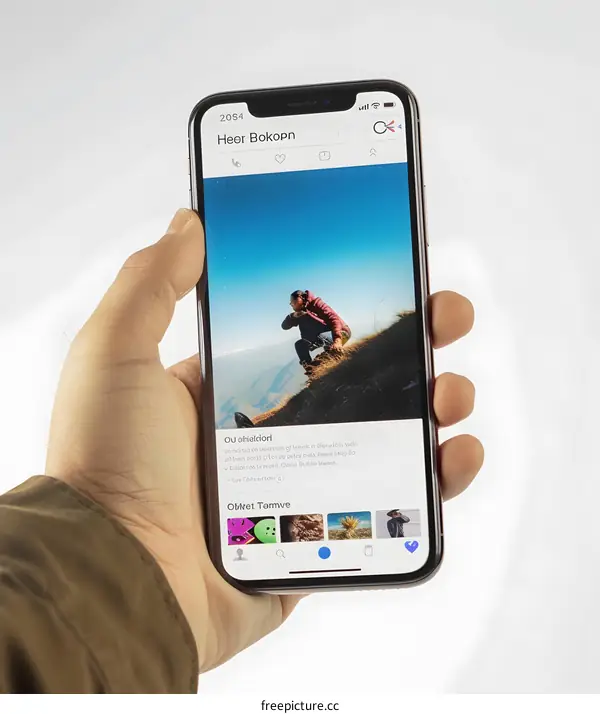 Man on Smartphone Looking at Outdoor Photo on Mountaintop