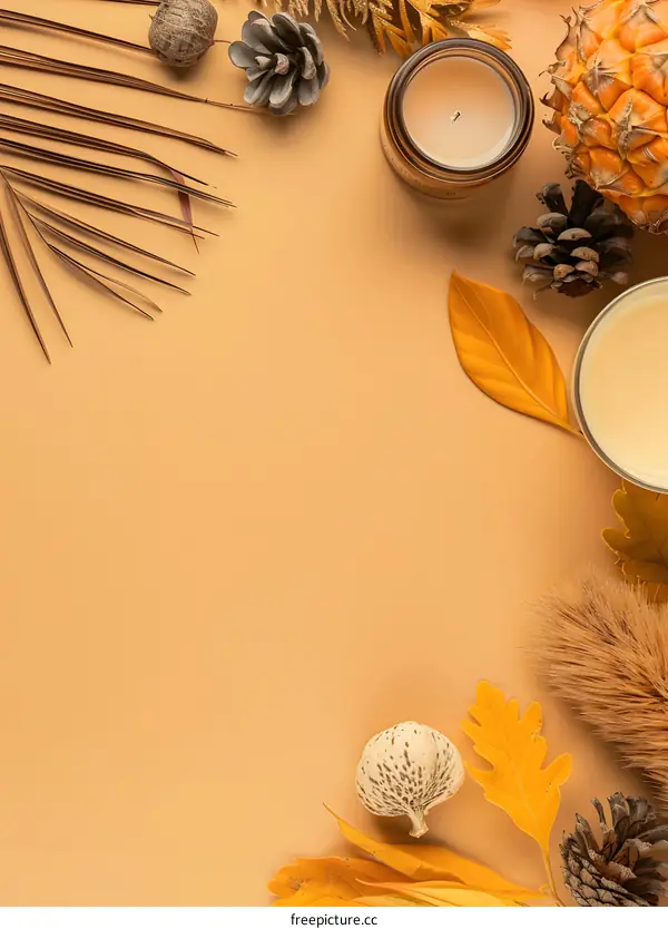 Autumn Leaves and Candles on Beige Background