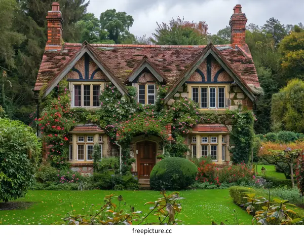 English country cottage with garden full of flowers