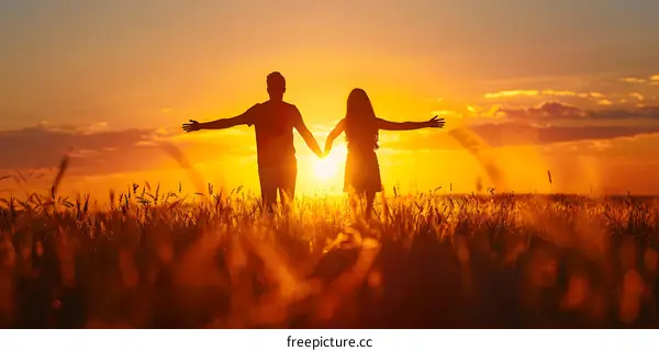 couple holding hands in a wheat field at sunset