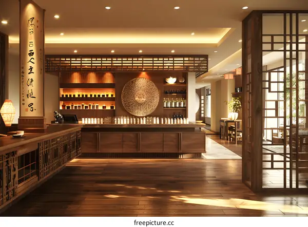 Chinese style hotel lobby and bar