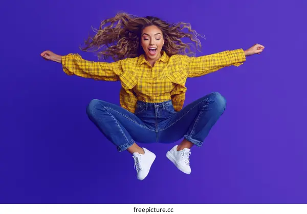 Woman Jumping in Yellow and Blue Outfit