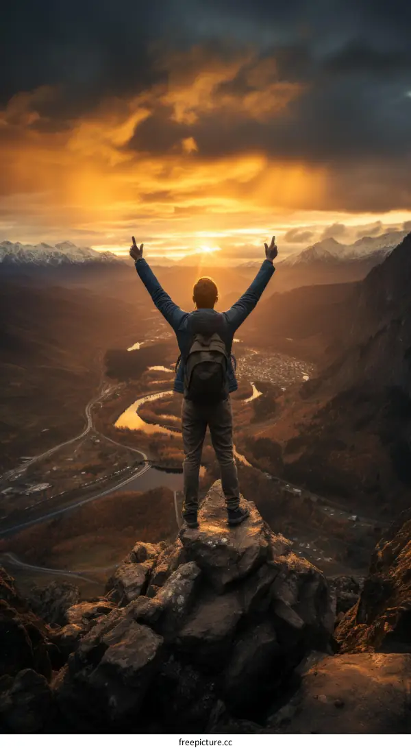 Man Celebrating Mountaintop Success
