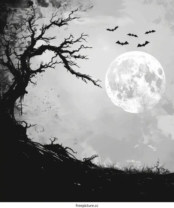 Black leafless tree with gnarled branches under full moon and flying bats